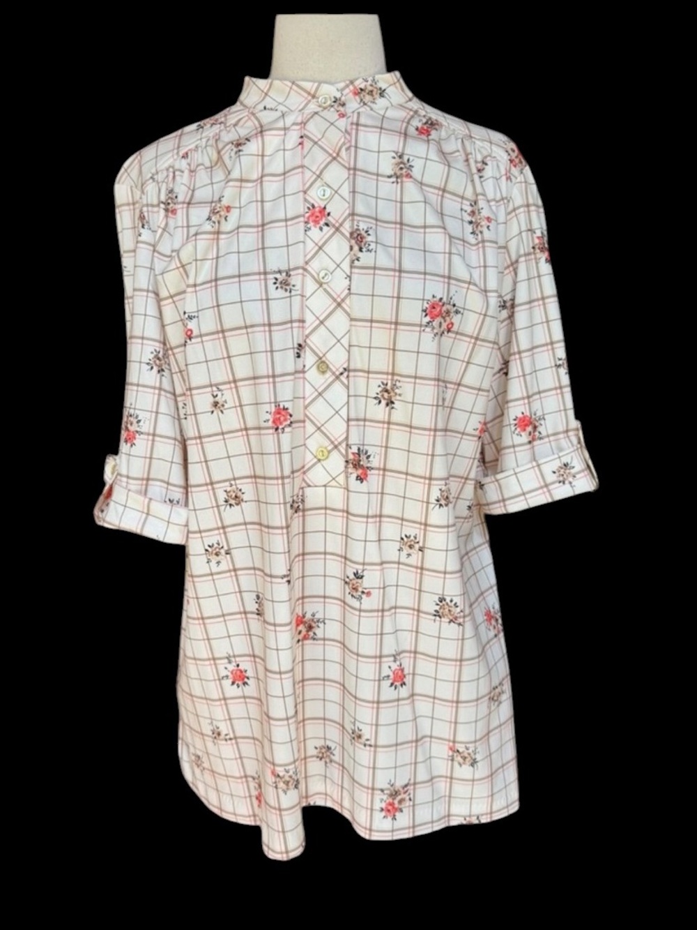 Deadstock 1960s/70s Shaker Sport Poly Floral, Plaid, Front Half Button Closure P